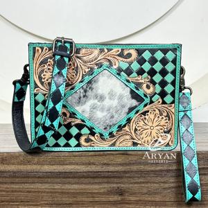 2025 New Arrival Hand Tooled Leather Sling Bag Cowhide Turquoise & <b>Black</b> Checkered Western Crossbody Purse Wristlet <b>Handbags</b> - Product Image 1
