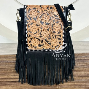 Bolso Bandolera de Cuero Repujado Hecho a Mano de Lujo con Flecos, Bolso de Hombro de Cuero Vacuno Tallado con Diseño Floral Occidental, Bolso Vintage Hecho a Mano para Mujer - Product Image 1