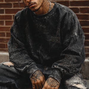 Men Baggy loose Streetwear Sweatshirt Vintage Sun Fade Stone Wash Rhinestone Embroidery Hip Hop Style Oversize / Plus size shirt - Product Image 2