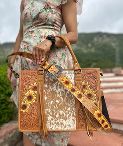 กระเป๋าโท้ทหนังวัวขนสัตว์พิมพ์ลายดอกไม้เครื่องมือใหม่ใหม่ชุดคลัทช์หนังแกะลายดอกทานตะวันตะวันตก - Product Image 3
