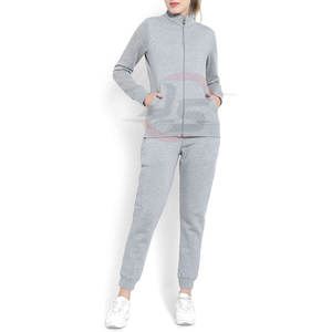 Survêtements d'hiver décontractés grande taille pour femmes coupe régulière 100% coton polaire ensemble long 2 pièces avec motif solide col montant - Product Image 1