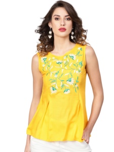 Top regular de rayón amarillo con textura slub y bordado, con cuello redondo, sin mangas, talla S, diseño para una sensación suave y natural, simple. - Product Image 3