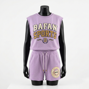 Ensemble t-shirt sans manches et short pour femme, 200 GSM, coton polyester, jersey polaire, lilas, vêtements de sport décontractés, impression personnalisée du logo - Product Image 5