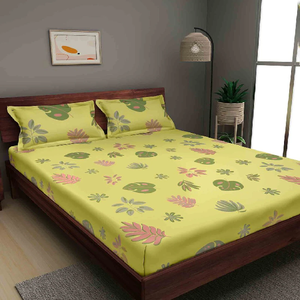 Grey and Green Floral 210TC Pure Cotton <b>Queen</b> Sized <b>Bed</b> <b>Sheets</b> with Pillow Covers Checked Easy Wash bedspreads for Light Winters - Product Image 5