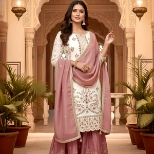 Conjunto Sharara Gharara Kurti Étnico Indio-Pakistaní para Mujer, Personalizable, Terciopelo Viscoso Pesado con Bordado y Lentejuelas de 5mm, Moderno - Product Image 3