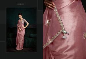 Saree en soie de créateur avec broderie en tissu écrasé doux Style indien pakistanais tenue de fête de mariage pour les femmes avec bordure élégante - Product Image 3