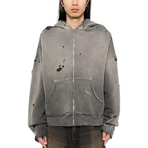 Boxy personnalisé Fit 500GSM Heavyweight hommes sweats à capuche lavés Vintage en détresse recadrée lavage à l'acide sweat à capuche zippé tissu confortable - Product Image 1