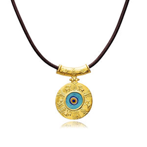 Rond En Cuir 22K Vintage Blue Eye Design Collier Charme En Gros Turc Fabriqué À La Main 925 Bijoux En Argent Sterling - Product Image 1