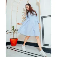 De Maison 2026 Tendance Vente Chaude Hawaïenne Été Rayée Écologique Coton Bleu Mini Manches Cloche Silhouette Droite Numérique