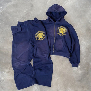 Ropa de calle de invierno de algodón 100% personalizada, parche con apliques, bordado desgastado, pantalones de chándal acampanados, Conjunto de sudadera con capucha, lavado ácido, se desvanece el sol - Product Image 5