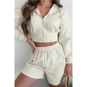 Conjunto de Sudadera de Alta Calidad con Hombros Caídos, Manga Larga, Top Corto para Mujer, Sudadera con Capucha Ajustada con Cremallera y Pantalones Cortos - Product Image 2