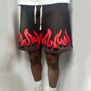 Pantalones cortos planos con cordón para exteriores, bolsillos laterales lavados con desteñidos al sol, parches de llama inferiores de Terry francés, pantalones cortos para hombre - Product Image 5