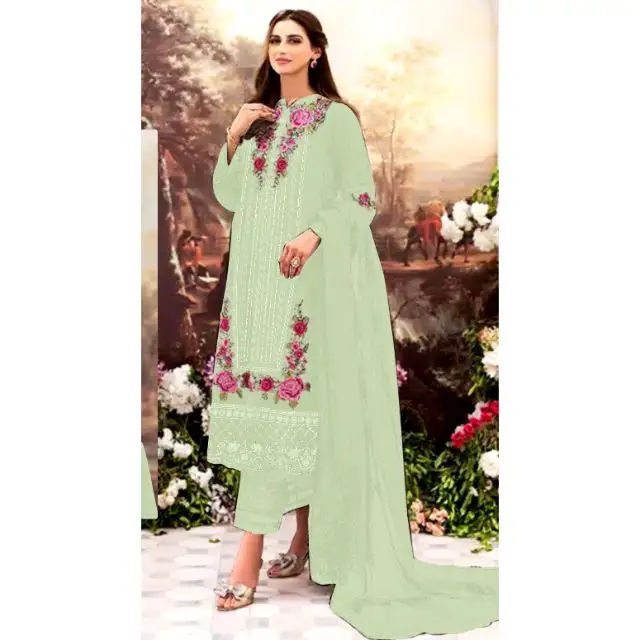 Desainer mewah pakaian India bergaya koleksi Lebaran Georgette Salwar Kameez dengan pekerjaan bordir belanja Online India