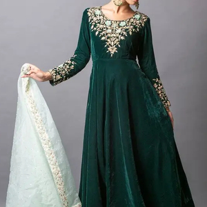 Diseñador indio/paquistaní Anarkali pantalón Dupatta vestido 2024 patrón sólido fiesta-desgaste/boda mano-Zari bordado Botón de encaje - Product Image 1