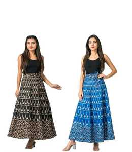 กระโปรงสีฟ้าพิมพ์ลายดอกไม้หลากสีสำหรับผู้หญิงกระโปรงพันรอบเอวยางยืดและปักลำลอง - Product Image 2