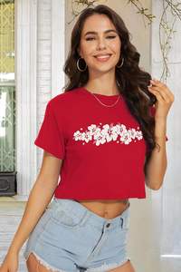 Tops cortos de verano para mujer, camisetas de manga corta con cuello redondo, blusa informal holgada de algodón/poliéster/Rayón/Spandex - Product Image 2