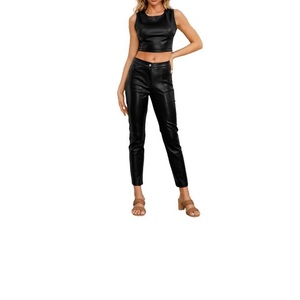 BD กางเกงหนัง PU สำหรับผู้หญิงกางเกงเอวสูงยางยืดกางเกงขากว้างแบบผ่าหน้าแบน - Product Image 6