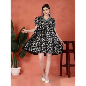 Vestido de Verano para Mujer, Cuello en V, Estampado Étnico Negro, Algodón Transpirable, Estilo Imperio - Product Image 6