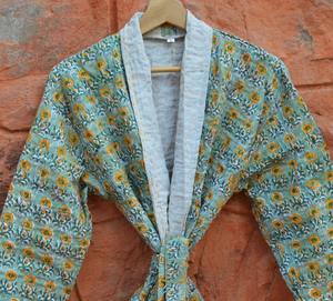 สีเขียวดอกไม้พิมพ์อินเดียมือพิมพ์ผ้าฝ้ายแจ็คเก็ตผู้หญิงใหม่เทศกาลเสื้อแฟชั่นผ้าทํามือQuit Jacket Kantha Beach - Product Image 6