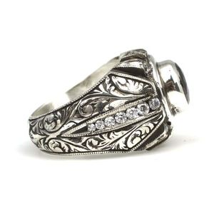 <b>925</b> Sterling <b>Silver</b> Men's <b>Ring</b> Turquoise Onyx Zircon Stones Hand-Engraved Bezel Setting Rhodium for Everyday Wear Certified IGI - Product Image 3