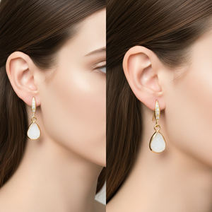 ต่างหูสีขาวดรูซี่ขนาด 27-28 มม. พร้อมกรอบชุบทองทรงลูกแพร์ประดับเพทายและลวดหู - Product Image 6