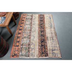 Alfombra turca a rayas de lana Beige de 3,5x4,7 pies de área grande Vintage, diseño de retales con patrón rectangular clásico para habitación de adolescentes, látex - Product Image 1