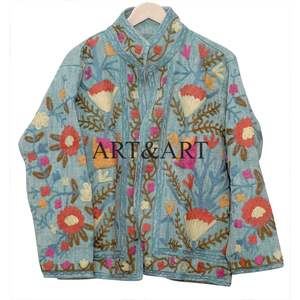 Veste pour femme en coton tricoté matelassé Suzani brodé à la main, broderie florale, longueur régulière, cadeau - Product Image 6