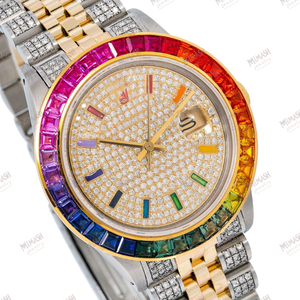 Two Tone Moissanite Diamond <b>Watch</b> with Rainbow Bezel, Fully Iced Out Dial, Date Display & Luxury Steel Bracelet Unisex Timepiece - Product Image 2
