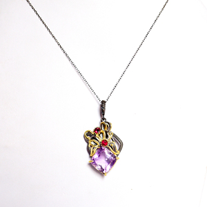 925 Solid <b>Silver</b> Gemstone <b>Necklace</b> Natural Amethyst & Garnet Pendant for Women at Wholesale Price - Product Image 2