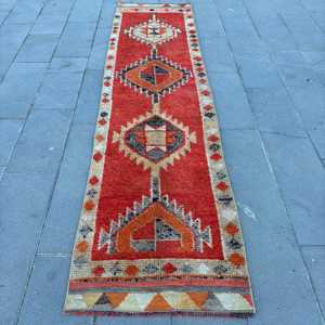 2.6x10.5 ft Rug, Vintage Turkish Rug, <b>Red</b> Orange Camouflage <b>Wool</b> Rug - Product Image 1