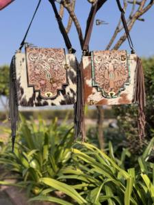 Cowhide Fur Leather Handmade Carving Tooled Leather Fringe Handbag New Arrival Gypsy Boho Vintage Cross Body Stylish <b>Bags</b> - Product Image 5