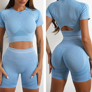 Short de levage de hanche taille haute personnalisé combinaison d'entraînement dos nu respirante avec cordon ensemble de yoga sans couture équipement de sport de gymnastique solide - Product Image 1