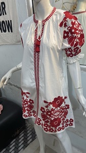 Vestidos Midi blancos informales elegantes para mujer, bordado rojo RMB 100% de algodón, cintura Natural, tejido lavable, longitud Maxi - Product Image 2