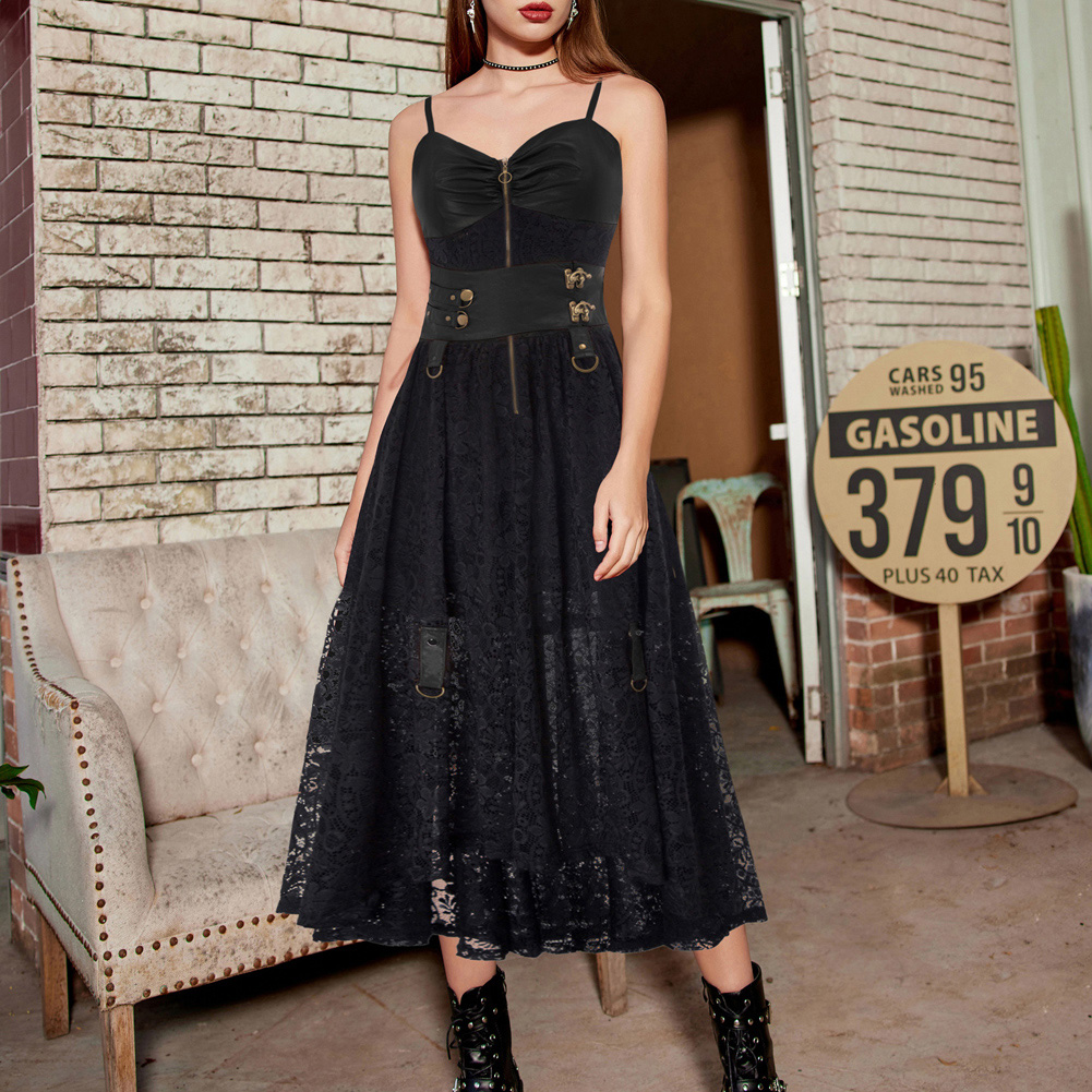OEM Women's Steampunk Victorian Faux Leather Lace Dress - High-Low Hem,  V-Neck Style, Perfect for Summer Events, Sizes S-2XL