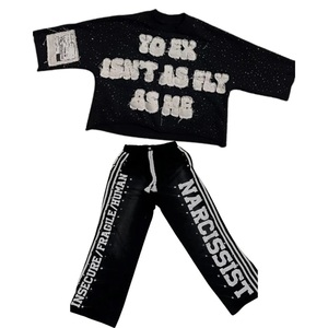 Streetwear Y2k T Shirt Hip Hop Retro Patchwork Letter T Shirt Men and Women <b>Sequined</b> Striped Sportswear Sweatpants <b>Two</b> <b>Piece</b> <b>Set</b> - Product Image 2