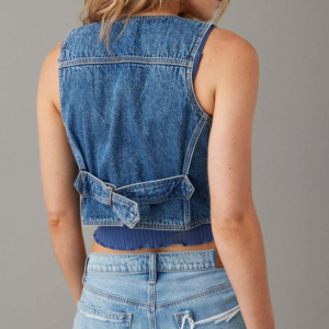 Chaleco vaquero con cuello en V y decoración con botones a la moda informal para mujer, chaleco vaquero con botones sin mangas personalizado más vendido - Product Image 2