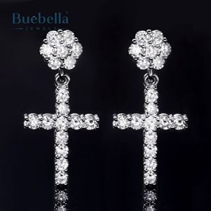 Venta caliente 925 Plata de Ley Iced Flower Cluster Cross Hoop Pendientes Lab Grown Diamond Hombres Hip Hop Style Gift - Product Image 4