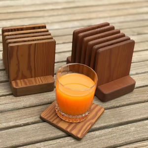 Square Pine <b>Wood</b> Coaster Set With Stand Natural Timber Drink <b>Mat</b> <b>Table</b> Protection For Coffee Bar Restaurant Eco Friendly Kitchen - Product Image 1