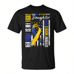 T-shirt unisexe pour adulte, manches courtes, col rond, imprimé en sérigraphie, « Je porte du bleu et du jaune pour ma fille, sensibilisation au syndrome de Down » - Product Image 2