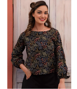 Haut pour femme de qualité supérieure, 100 % coton, col rond et manches bishop fluides, léger, respirant, vêtement décontracté - Product Image 1