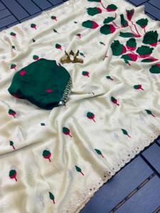 Sari en soie Rangoli doux pour femmes, broderie, travail de pallu magnifique, véritable travail de miroir, bordure découpée, fabriqué en Inde - Product Image 3