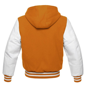 Veste pour homme personnalisée Corps en laine et bras en cuir Veste universitaire rouge à capuche personnalisée Première rangée Varsity Lettermen Jacket - Product Image 4
