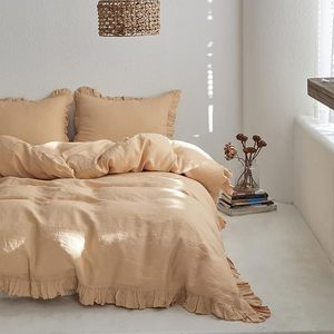 100% Cotton Duvet Cover <b>Set</b> 3 PCS Natural French Flax Sand Ruffle <b>Comforter</b> Cover Solid Breathable Bedding for Hotel for Home - Product Image 2