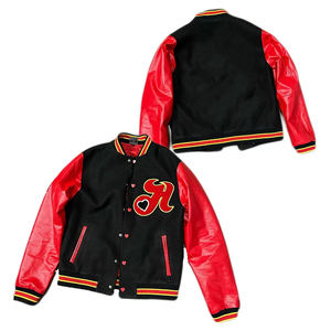 Veste universitaire unisexe noire en laine avec manches en cuir rouge, col et poignets rayés, logo brodé, style baseball - Product Image 5