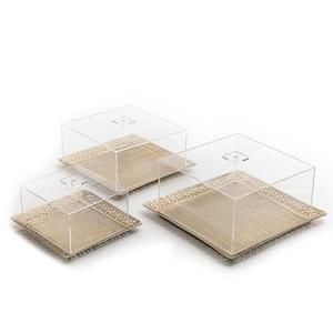 Plateau à dessert en métal argenté avec couvercle en acrylique et poignées en bois Plateau de service alimentaire Hotelware aux meilleurs prix - Product Image 6