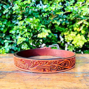 Classic Floral Hand Carved Genuine <b>Leather</b> <b>Belt</b> with Western Style Buckle Garrison Carving & <b>Tooling</b> for Casual Use - Product Image 3