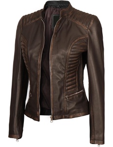 Chaqueta de cuero genuino para mujer de alta calidad para invierno, bolsillo con cremallera lateral, Color marrón, chaquetas de cuero de vaca para mujer - Product Image 5