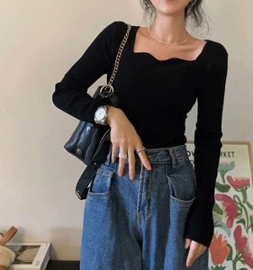 Suéter de punto Vintage francés personalizado para mujer cuello ondulado Slim Fit Top de manga larga para capas - Product Image 2