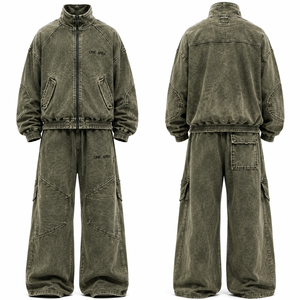 Conjunto de Chándal Oversize Verde Oliva Vintage Lavado Personalizado con Pantalones Cargo de Pierna Ancha, Estilo Urbano, Fabricante OEM ODM de Marca Privada Profesional - Product Image 1