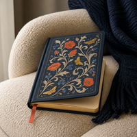 Carnet vierge A5 personnalisé LABON, couverture rigide en papier bleu marine, bords dorés, motif floral coquelicot Art Nouveau, papillons, bordure dorée, ruban